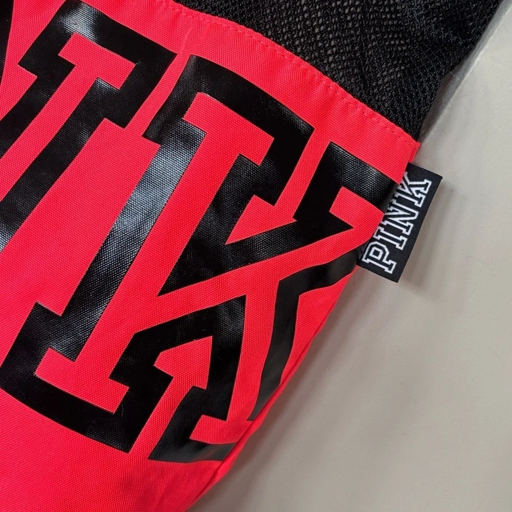 PINK Victoria's Secret Neon Coral & Black Mesh Beach Tote Bag Graphic Logo Y2K